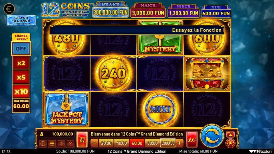 Grille de 12 Coins Grand Diamond Edition, 4 cases sur 3 rangées : pièces dorées marquées 480, 600 et 240, un symbole vert MYSTERY, un coffre rempli de pièces, un symbole bleu JACKPOT MYSTERY et une pièce MINI ; en haut les jackpots GRAND 300,000.00, MAJOR 3,000.00, MINOR 1,200.00 et MINI 600.00 FUN, à gauche le Chance Level™ sur OFF et une mise totale de 60.00