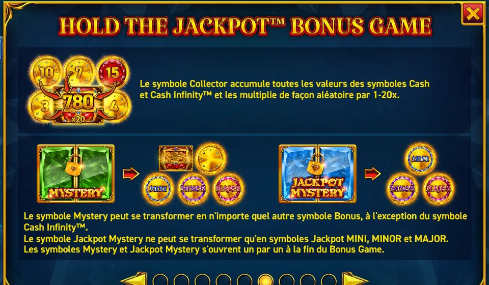 Page HOLD THE JACKPOT™ BONUS GAME de l’aide de 12 Coins Grand Diamond Edition : un groupe de pièces autour d’une pièce 780 avec le texte du symbole Collector, puis un symbole vert MYSTERY et un symbole bleu JACKPOT MYSTERY, chacun suivi d’une flèche vers les symboles qu’il peut devenir