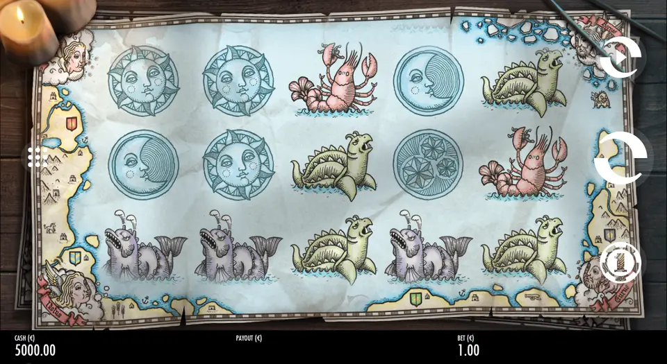 Grille de 5 rouleaux sur 3 rangées de 1429 Uncharted Seas posée sur une carte ancienne : soleils et lunes à visage, crustacés roses, créatures marines vertes et violettes, un disque orné d’étoiles ; en bas, la mise BET 1.00