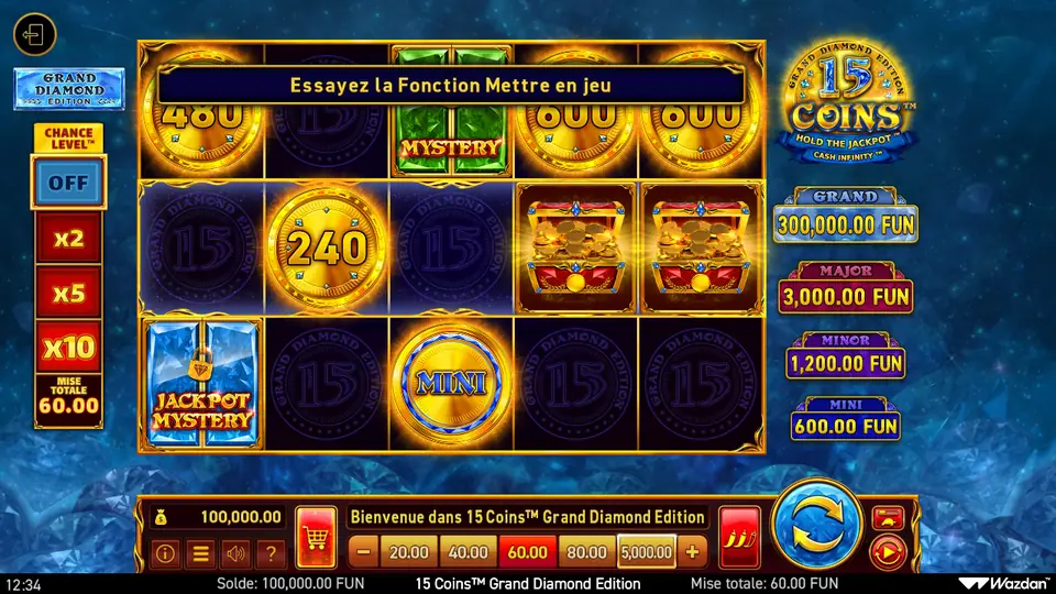 Grille de 15 Coins Grand Diamond Edition, 5 cases sur 3 rangées : pièces dorées marquées 480, 600, 600 et 240, un symbole vert MYSTERY, deux coffres remplis de pièces, un symbole bleu JACKPOT MYSTERY et une pièce MINI ; à gauche le Chance Level™ sur OFF avec x2, x5, x10 et une mise totale de 60.00, à droite les jackpots GRAND 300,000.00, MAJOR 3,000.00, MINOR 1,200.00 et MINI 600.00 FUN