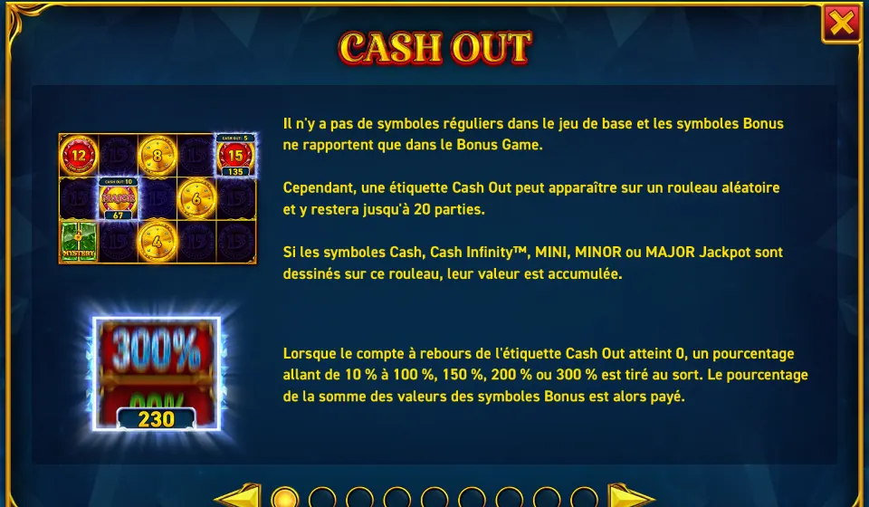 Page CASH OUT de l’aide de 15 Coins Grand Diamond Edition : une petite grille avec des pièces numérotées, un symbole MAJOR et une étiquette CASH OUT au compteur, une case 300% au-dessus d’un compteur 230, et le texte de la règle Cash Out
