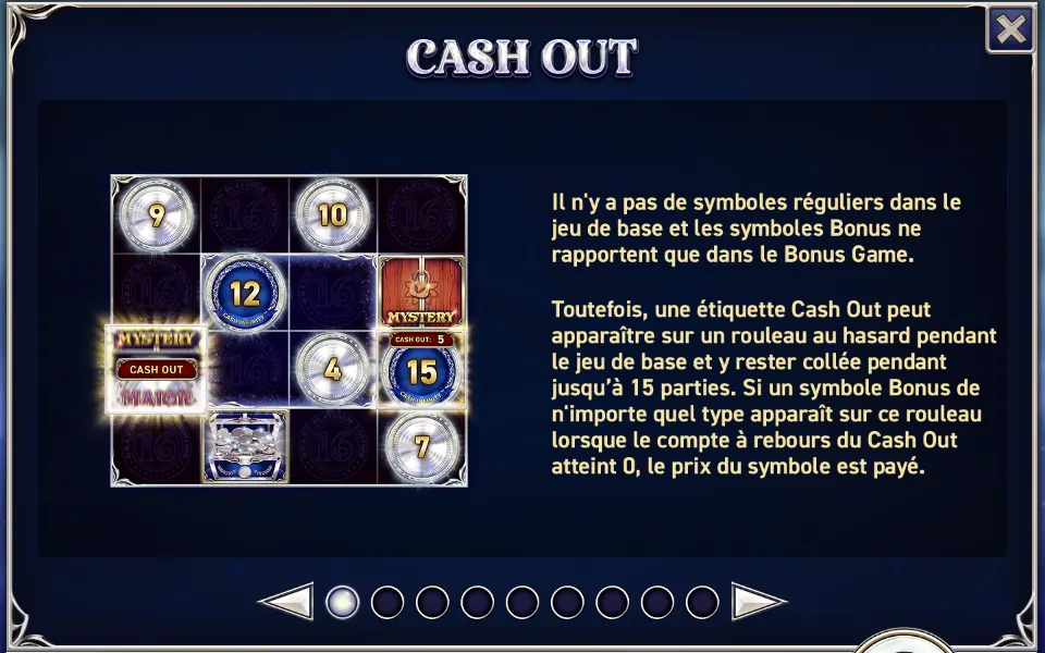 Page CASH OUT de l’aide de 16 Coins Grand Platinum Edition : une petite grille 4x4 avec des pièces marquées 9, 10, 12, 4, 15 et 7, des symboles MYSTERY et une étiquette CASH OUT sur un rouleau, à côté du texte de la fonction