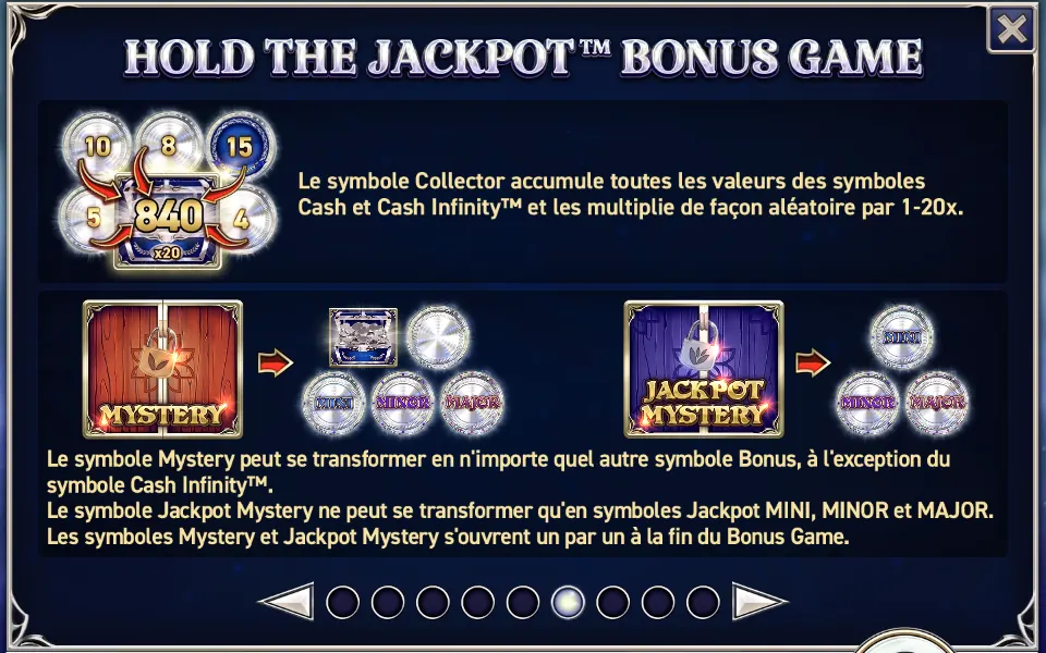 Page HOLD THE JACKPOT BONUS GAME de l’aide : un groupe de pièces argentées autour d’un Collector marqué 840, puis un symbole MYSTERY orange et un symbole JACKPOT MYSTERY violet avec les jetons qu’ils peuvent devenir