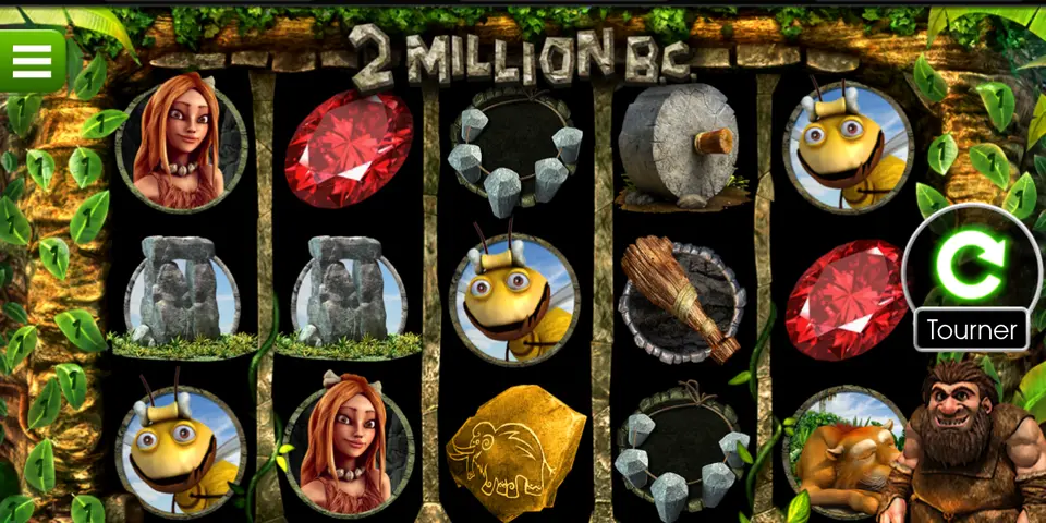 La grille de 5 rouleaux et 3 rangées de 2 Million B.C. : femme rousse, insecte jaune aux grands yeux, pierres rouges taillées, pierres dressées, roue de pierre, massue, cercle de pierres et plaque dorée gravée, avec un homme barbu à droite