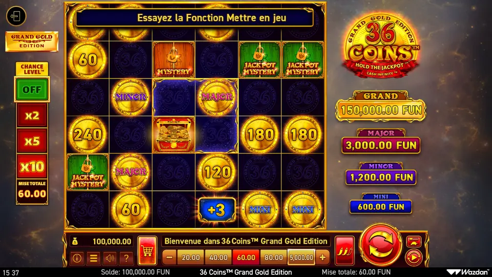 Grille de 36 Coins Grand Gold Edition, 6 rangées de 6 cases, sous le bandeau « Essayez la Fonction Mettre en jeu » : pièces dorées 60, 240, 180, 180, 120 et 60, pièces MINOR, MAJOR et MINI, un coffre rempli de pièces, un symbole orange MYSTERY, trois symboles verts JACKPOT MYSTERY et une case bleue +3 ; à droite les jackpots GRAND 150,000.00 FUN, MAJOR 3,000.00 FUN, MINOR 1,200.00 FUN et MINI 600.00 FUN, à gauche le Chance Level™ sur OFF et une mise totale de 60.00