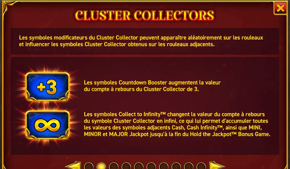 Page CLUSTER COLLECTORS de l’aide de 36 Coins Grand Gold Edition sur les modificateurs : une case bleue +3 pour le Countdown Booster et une case bleue au signe infini pour Collect to Infinity™, chacune à côté de son texte