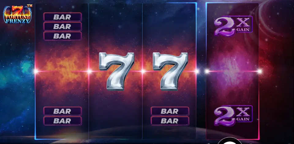 Les 4 rouleaux de 7 Fortune Frenzy : symboles BAR empilés, deux 7 argentés sur la ligne centrale et, sur le 4e rouleau, deux symboles violets « 2x GAIN »