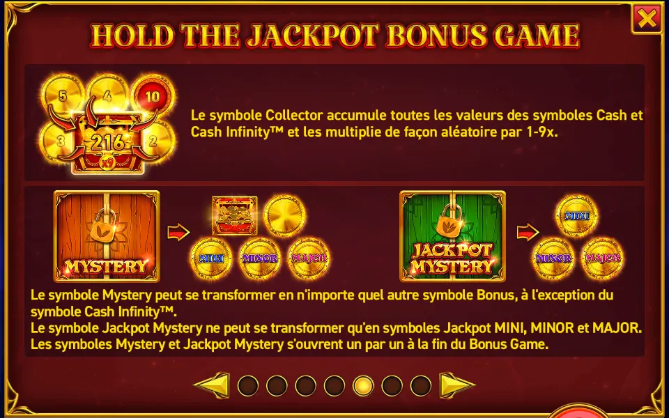 Page de l’aide de 9 Coins 1000 Edition sur le symbole Collector entouré de pièces dorées, et sur les symboles MYSTERY et JACKPOT MYSTERY avec les symboles en lesquels ils peuvent se changer
