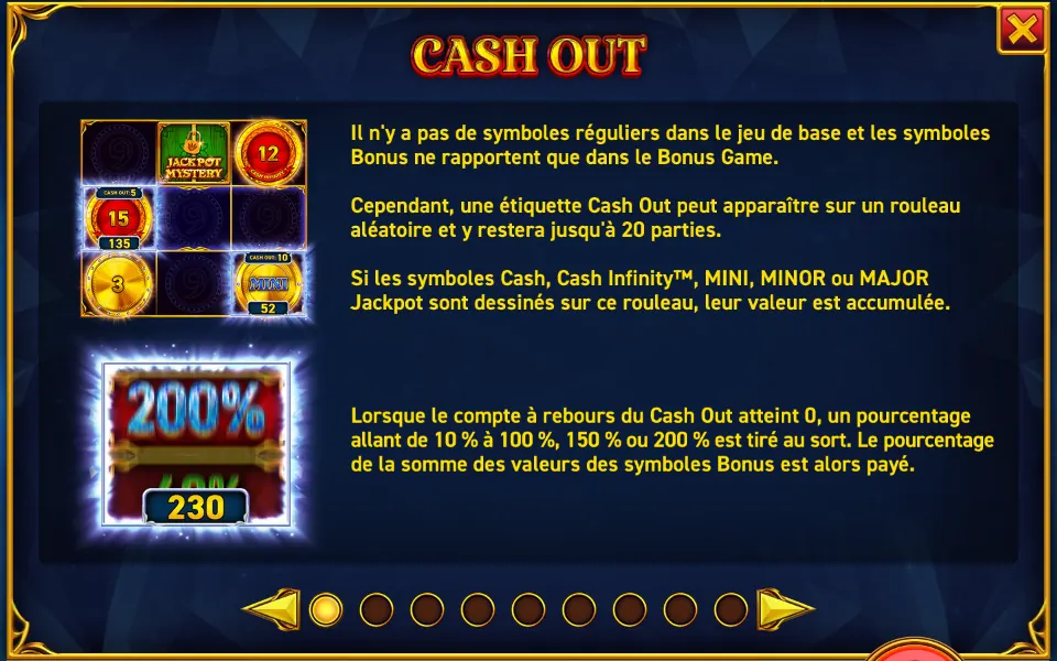 Page CASH OUT de l’aide de 9 Coins Grand Diamond Edition : une petite grille avec un rouleau marqué d’un compte à rebours, un écran 200% au-dessus du nombre 230, et les explications de la fonction