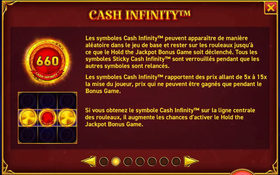 Page CASH INFINITY de l’aide de 9 Coins Grand Gold Edition : une pièce rouge et dorée marquée 660 et CASH INFINITY, au-dessus d’une petite grille avec trois pièces sur la rangée centrale