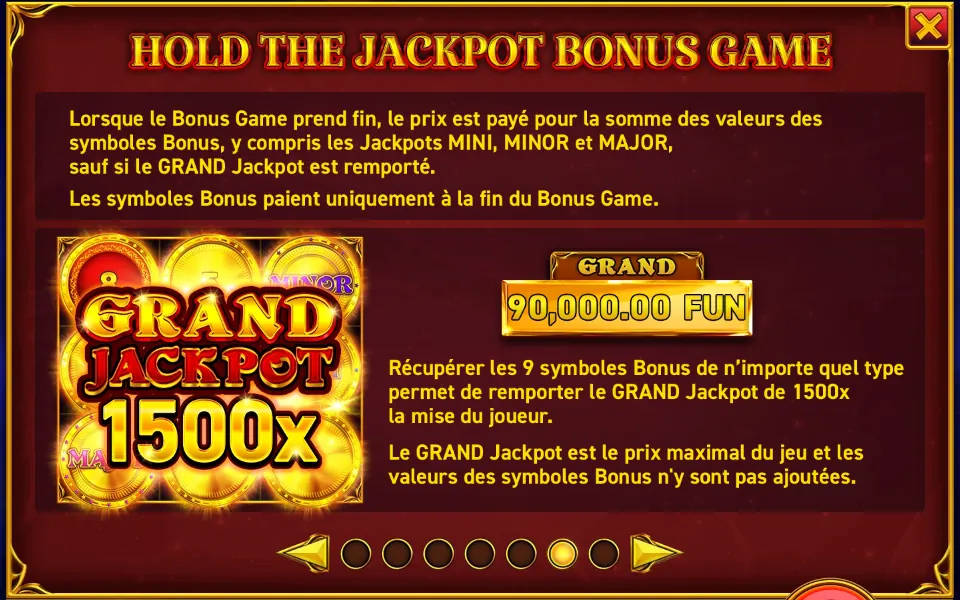 Page de l’aide de 9 Coins Grand Gold Edition sur la fin du Bonus Game : un médaillon GRAND JACKPOT 1500x et le compteur GRAND à 90,000.00 FUN, avec la règle des 9 symboles Bonus
