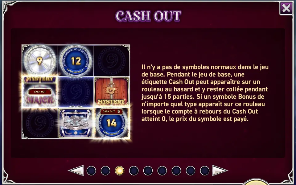 Page CASH OUT de l’aide de 9 Coins Grand Platinum Edition : une grille avec des pièces argentées, des symboles MAJOR et MYSTERY, et une étiquette CASH OUT 5 au-dessus d’une pièce marquée 14, à côté de l’explication de la fonction