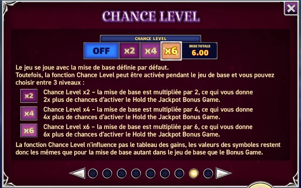Page CHANCE LEVEL de l’aide de 9 Coins Grand Platinum Edition : le sélecteur OFF, x2, x4, x6 avec une mise totale de 6.00 et l’explication de chaque niveau