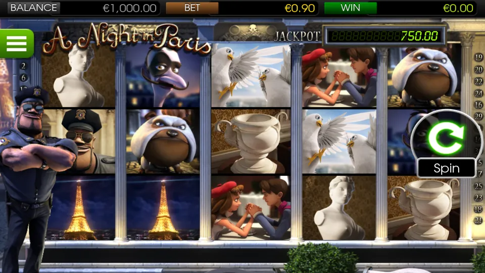 Grille d’A Night In Paris JP entre des colonnes : buste blanc, personnage au long nez, deux oiseaux blancs, couple qui se tient les mains, chien blanc, homme à casquette et lunettes noires, vase blanc et tour Eiffel, sous un compteur JACKPOT
