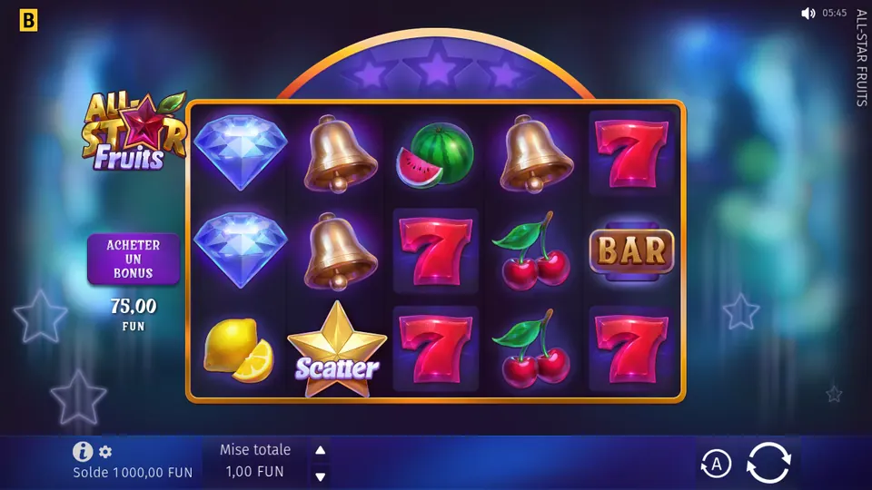 Grille de 5 rouleaux sur 3 rangées d’All-Star Fruits avec des diamants bleus, des cloches dorées, une pastèque, des 7 rouges, des cerises, un BAR, un citron et une étoile Scatter ; à gauche le bouton ACHETER UN BONUS, en bas une mise totale de 1,00 FUN