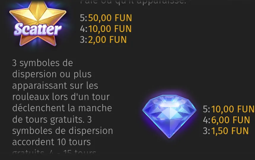 Page Paiements de l’aide d’All-Star Fruits : l’étoile Scatter payée 50,00 FUN pour 5, 10,00 FUN pour 4 et 2,00 FUN pour 3, le texte des tours gratuits, et un diamant bleu payé 10,00, 6,00 et 1,50 FUN