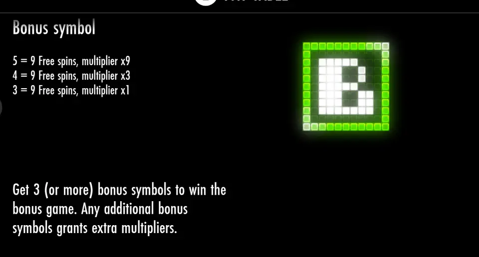 Page Bonus symbol de la table des gains d’Arcader : un carré vert marqué B et les lignes 5 = 9 Free spins, multiplier x9 ; 4 = 9 Free spins, multiplier x3 ; 3 = 9 Free spins, multiplier x1