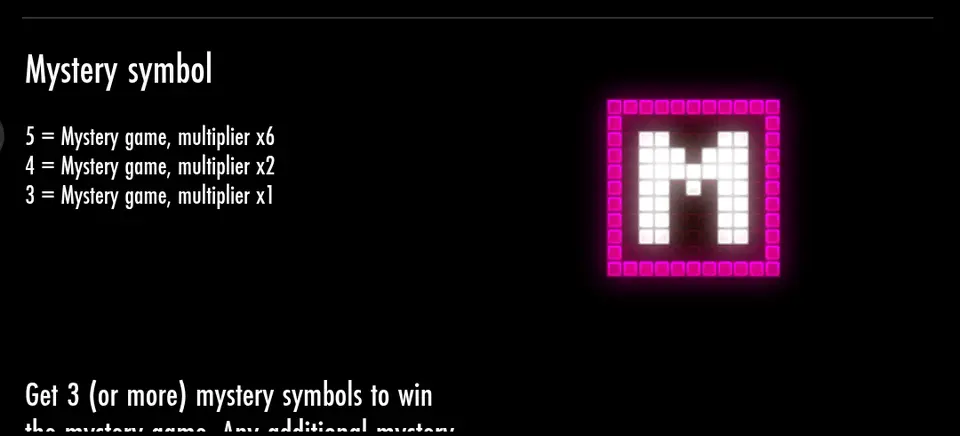 Page Mystery symbol de la table des gains d’Arcader : un carré rose marqué M et les lignes 5 = Mystery game, multiplier x6 ; 4 = Mystery game, multiplier x2 ; 3 = Mystery game, multiplier x1