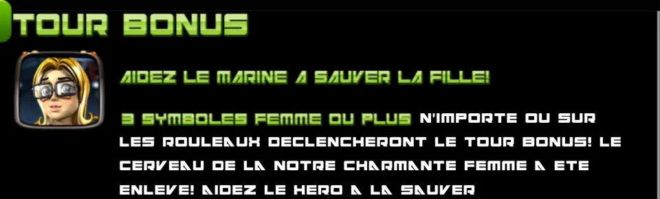 Rubrique TOUR BONUS de l’aide d’Arrival : portrait d’une femme blonde à lunettes et texte « Aidez le marine à sauver la fille ! »