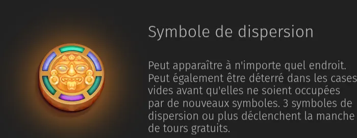 Page Paiements de l’aide d’Aztec Clusters : un disque doré à visage entouré de pierres violettes et vertes, à côté du titre Symbole de dispersion et de sa règle