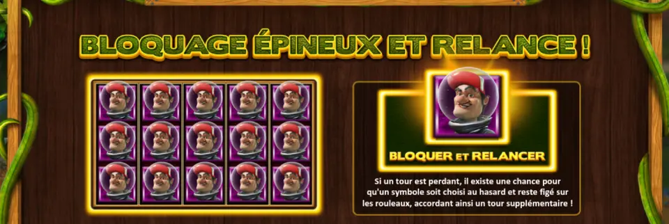 Page BLOQUAGE ÉPINEUX ET RELANCE de l’aide : une grille remplie d’un même symbole, un homme à casquette rouge dans un casque de verre, et l’encadré « BLOQUER ET RELANCER »