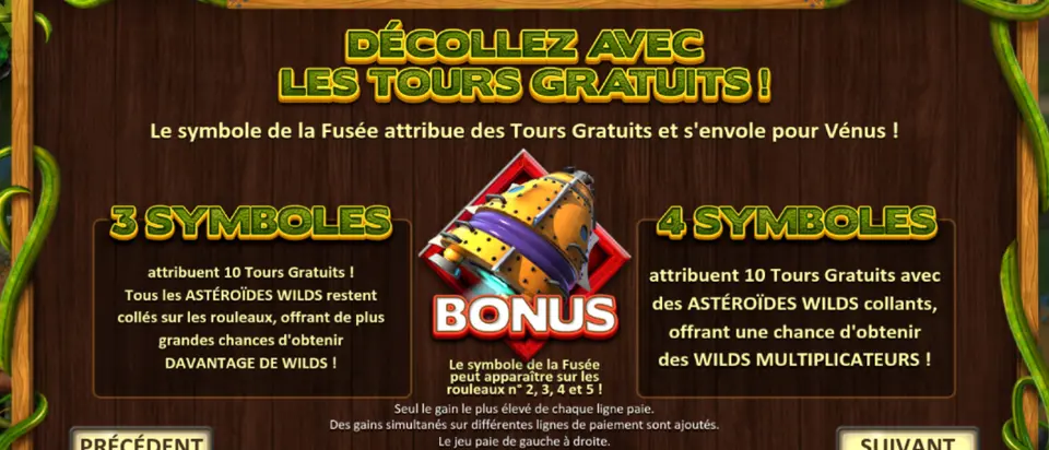 Page des tours gratuits de l’aide : le symbole BONUS en forme de fusée entre les encadrés « 3 SYMBOLES » et « 4 SYMBOLES », qui attribuent chacun 10 tours gratuits