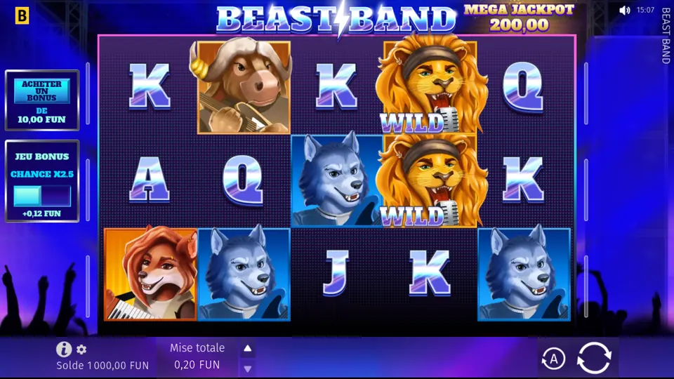 Grille de 5 rouleaux sur 3 rangées de Beast Band : lettres A, K, Q et J, un animal à cornes jouant de la guitare, trois animaux bleus aux oreilles pointues, un animal roux devant un clavier et deux lions au bandeau marqués WILD sur le quatrième rouleau ; en haut MEGA JACKPOT 200,00, à gauche ACHETER UN BONUS DE 10,00 FUN et JEU BONUS CHANCE X2.5 +0,12 FUN, en bas une mise totale de 0,20 FUN