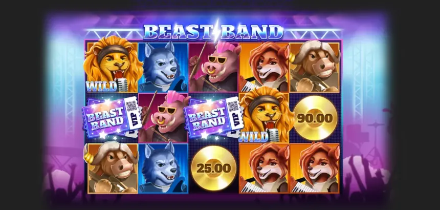 Illustration des tours gratuits dans l’aide de Beast Band : une grille sous le logo BEAST BAND avec deux billets BEAST BAND, deux lions WILD, des musiciens animaux et deux disques dorés marqués 90.00 et 25.00