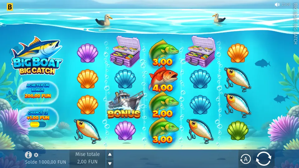 Grille de 5 rouleaux sur 4 rangées de Big Boat Big Catch : coquillages, leurres, boîtes violettes à compartiments, un bateau marqué BONUS et quatre poissons marqués 3,00, 4,00, 2,00 et 3,00 ; à gauche les boutons Acheter un bonus (200,00 FUN) et Chance x2 (+1,00 FUN)
