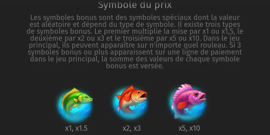 Page Paiements de Big Boat Big Catch sur le symbole du prix : un poisson vert marqué x1, x1.5, un poisson rouge marqué x2, x3 et un poisson rose marqué x5, x10