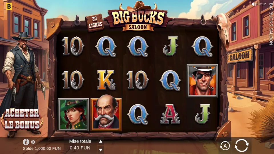 Grille de 5 rouleaux sur 4 rangées de Big Bucks Saloon avec des lettres A, K, Q, J et des 10, un homme au cache-œil et à la pipe, un homme moustachu au crâne dégarni et une femme au chapeau vert ; à gauche, un homme armé et le bouton Acheter le bonus