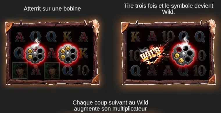 Écran d’aide de Big Bucks Saloon : deux barillets de revolver posés sur la grille, légende Atterrit sur une bobine, puis un symbole transformé en WILD à côté d’un barillet, légende Tire trois fois et le symbole devient Wild