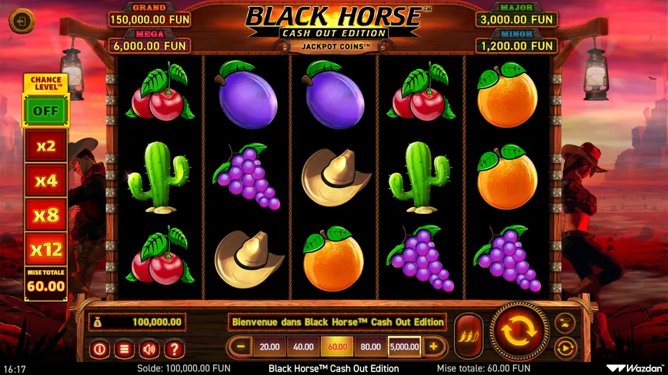 Grille de 5 rouleaux sur 3 rangées de Black Horse Cash Out Edition devant un décor de désert rouge : cerises, prunes, oranges, grappes de raisin, cactus et chapeaux de cowboy ; en haut les jackpots GRAND 150,000.00 FUN, MEGA 6,000.00 FUN, MAJOR 3,000.00 FUN et MINOR 1,200.00 FUN, à gauche le Chance Level™ sur OFF avec x2, x4, x8 et x12 et une mise totale de 60.00