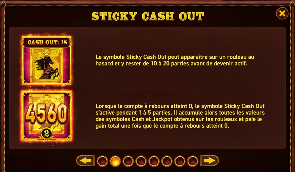 Page STICKY CASH OUT de l’aide de Black Horse Cash Out Edition : un cadre doré avec un cheval noir cabré sous l’étiquette CASH OUT: 18, puis un cadre doré marqué 4560 avec un compteur 2, chacun à côté de son texte
