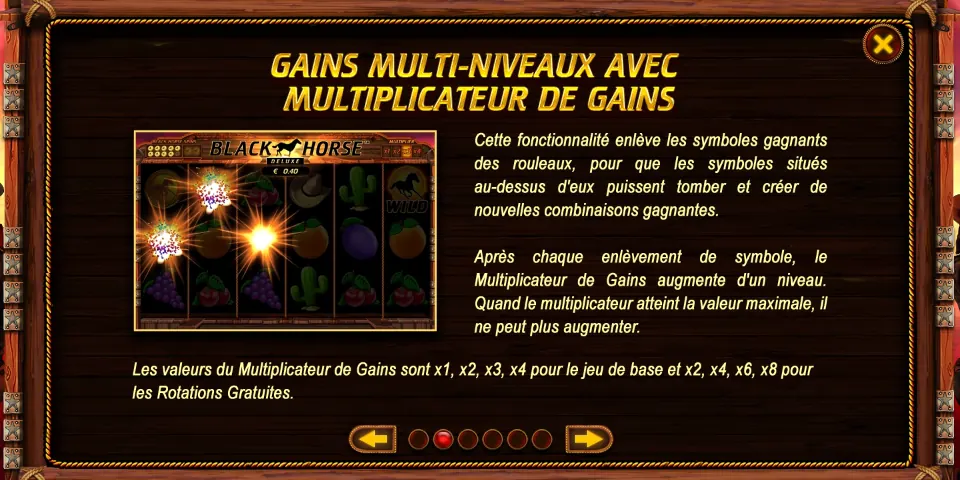 Page GAINS MULTI-NIVEAUX AVEC MULTIPLICATEUR DE GAINS de l’aide de Black Horse Deluxe : une petite grille où des symboles gagnants éclatent, à côté du texte sur l’enlèvement des symboles et les valeurs x1, x2, x3, x4 pour le jeu de base et x2, x4, x6, x8 pour les Rotations Gratuites