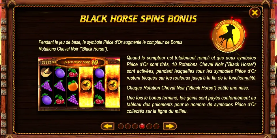 Page BLACK HORSE SPINS BONUS de l’aide de Black Horse Deluxe : une pièce dorée au cheval noir, et une petite grille sous le compteur BLACK HORSE SPINS 10 où deux rouleaux en flammes portent une Pièce d’Or au centre, à côté du texte sur le compteur et le paiement