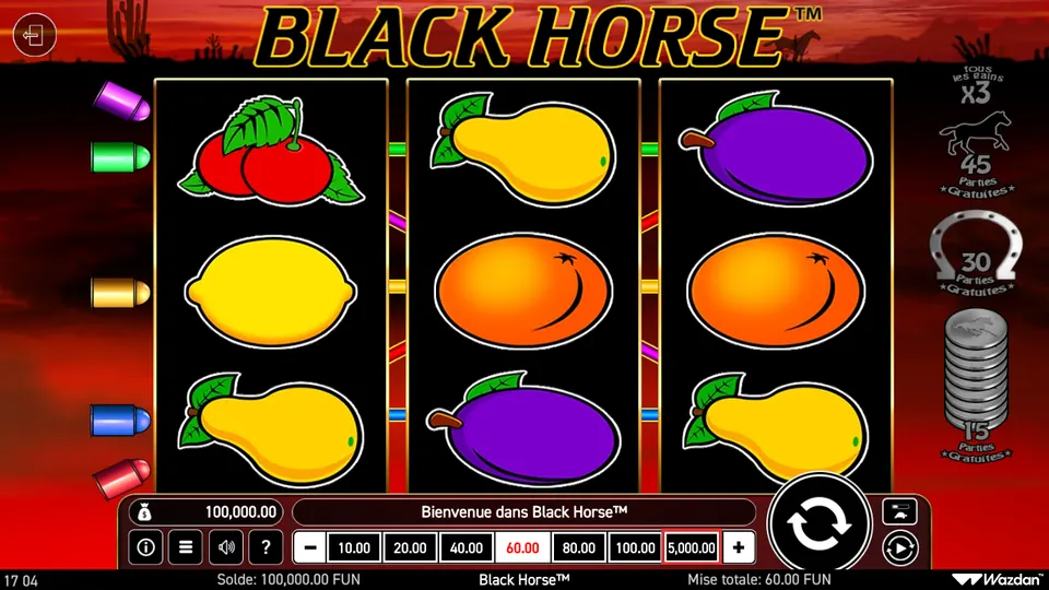 Grille de 3 rouleaux sur 3 rangées de Black Horse sur fond de coucher de soleil rouge : cerises, citron, poires, prunes et oranges, avec cinq repères de couleur à gauche ; à droite les rappels « tous les gains x3 », un cheval avec 45 Parties Gratuites, un fer à cheval avec 30 Parties Gratuites et une pile de pièces avec 15 Parties Gratuites, en bas une mise totale de 60.00 FUN