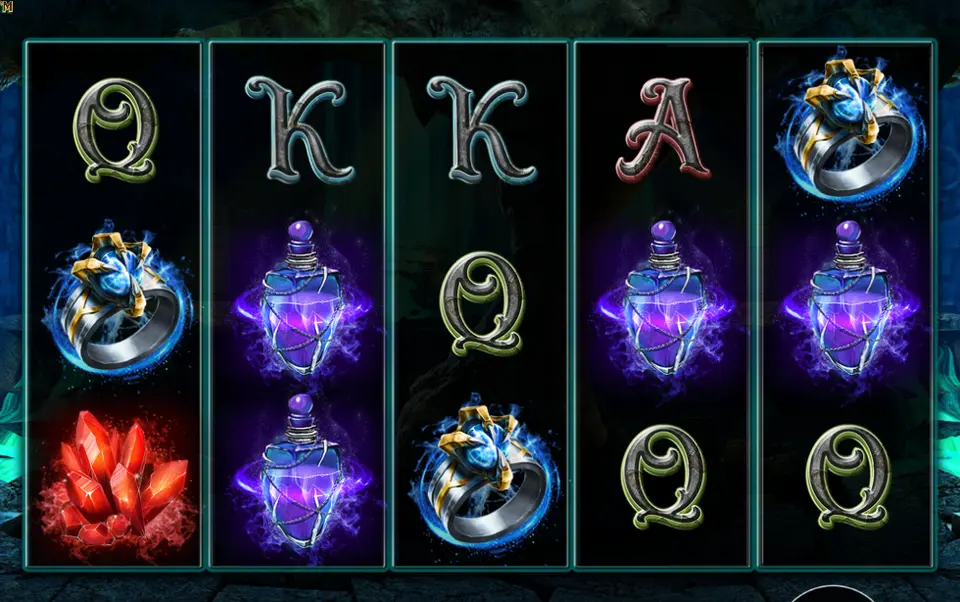 Les 5 rouleaux de Book of Darkness : lettres Q, K et A, anneaux bleus, flacons violets et un cristal rouge