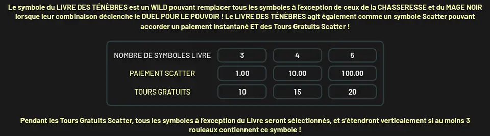 Texte de l’aide sur le LIVRE DES TÉNÈBRES et tableau : 3, 4 et 5 symboles LIVRE, paiement SCATTER 1.00, 10.00 et 100.00, tours gratuits 10, 15 et 20