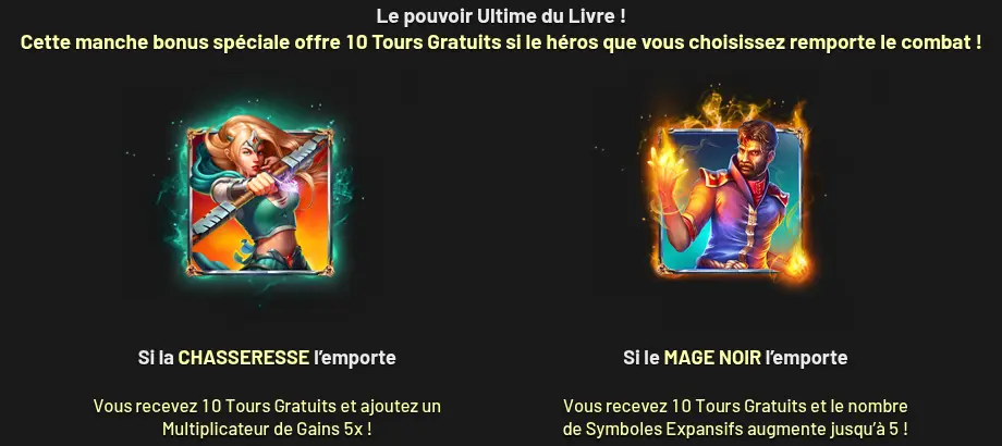 Page POUVOIR DES OMBRES de l’aide : la CHASSERESSE à gauche, 10 tours gratuits et multiplicateur de gains 5x ; le MAGE NOIR à droite, 10 tours gratuits et symboles expansifs