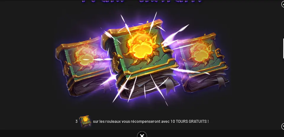Page TOURS GRATUITS de l’aide de Book of Helios : trois livres verts ornés d’un soleil doré entourés d’éclairs violets, et la phrase sur les 10 TOURS GRATUITS