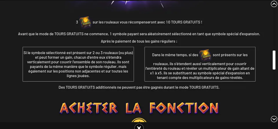 Page de l’aide de Book of Helios sur le mode TOURS GRATUITS : deux encadrés de texte sur l’expansion du symbole spécial et des livres, au-dessus du titre ACHETER LA FONCTION