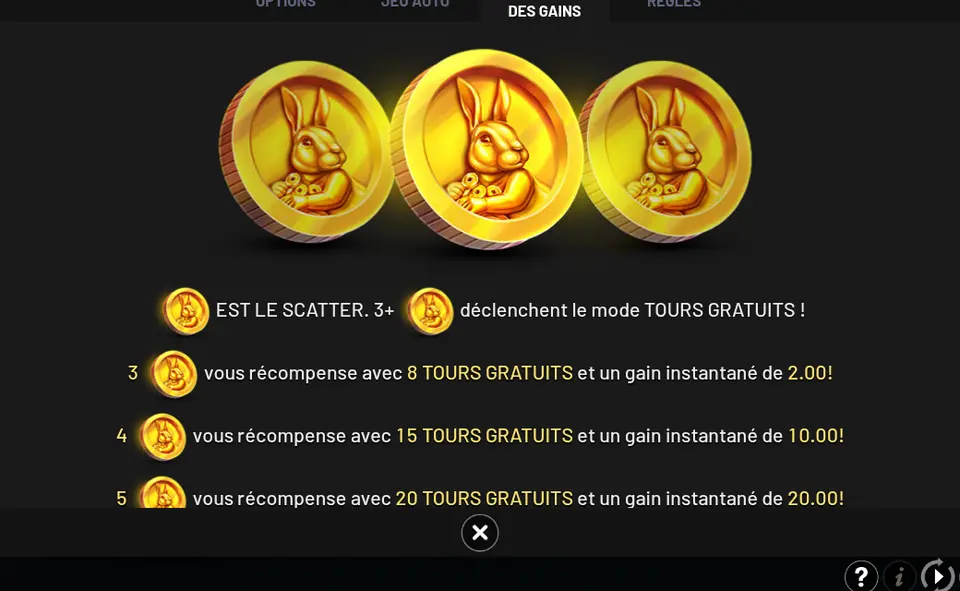Page TOURS GRATUITS de l’aide de Bounding Luck : trois pièces dorées à l’effigie d’un lapin, et le texte sur les gains de 3, 4 et 5 SCATTERS
