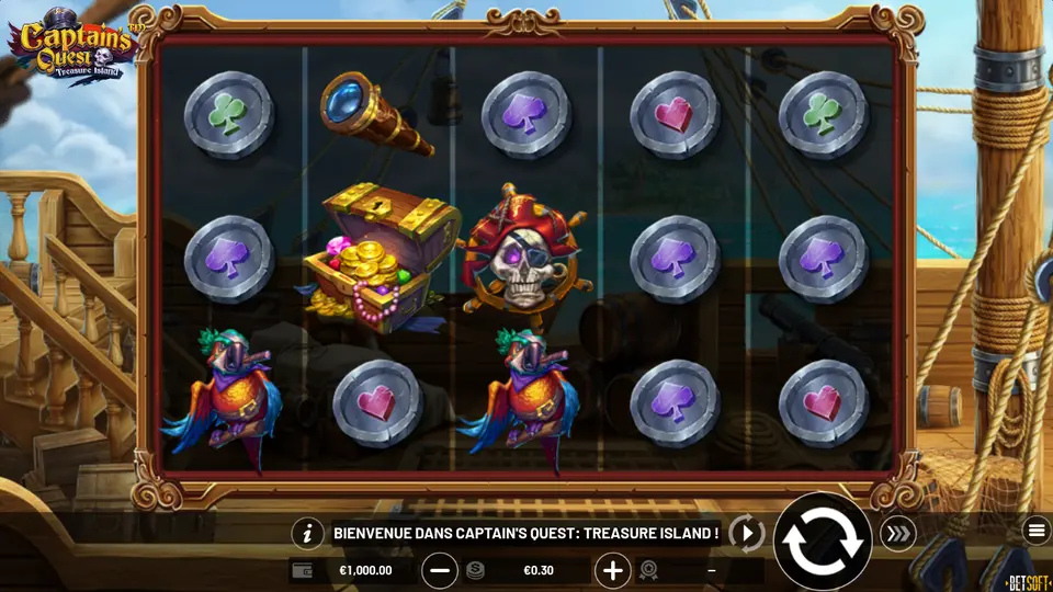 Grille de 5 rouleaux sur 3 rangées de Captain's Quest Treasure Island sur le pont d’un navire : pièces grises à signes de couleur, une longue-vue, un coffre plein de pièces, un crâne sur une roue de gouvernail et deux oiseaux rouges et bleus ; en bas, la mise €0.30