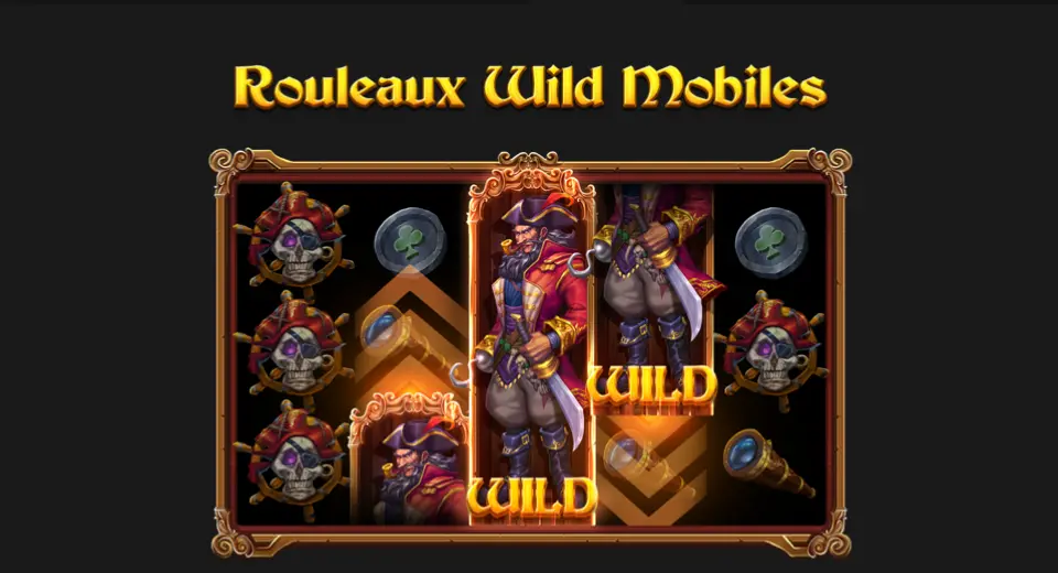 Page Rouleaux Wild Mobiles de l’aide de Captain's Quest Treasure Island : un capitaine à chapeau et manteau rouge qui occupe tout un rouleau marqué WILD, un autre en train de glisser, entre des crânes et des longues-vues