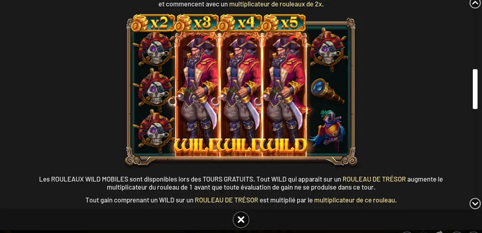 Page TOURS GRATUITS de l’aide de Captain's Quest Treasure Island : trois rouleaux du capitaine marqués WILD sous les multiplicateurs x2, x3, x4 et x5, avec le texte sur les ROULEAUX DE TRÉSOR