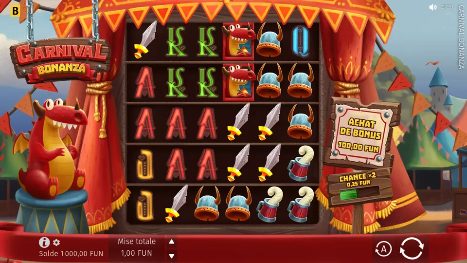 Grille de 6 rouleaux sur 5 rangées de Carnival Bonanza sous un chapiteau rouge : des cartes de dragon rouge, des épées, des casques à cornes, des chopes, des lettres A, K, Q et J ; à gauche un dragon rouge sur un piédestal, à droite les panneaux ACHAT DE BONUS 100,00 FUN et CHANCE ×2 0,25 FUN, en bas une mise totale de 1,00 FUN