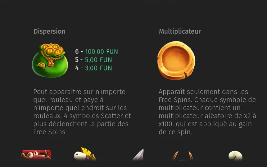 Page Paiements de l’aide de Carnival Bonanza : le symbole de dispersion, un sac vert plein de pièces, payé 100,00 FUN pour 6, 5,00 FUN pour 5 et 3,00 FUN pour 4, et le symbole multiplicateur, une pièce dorée, avec leurs règles