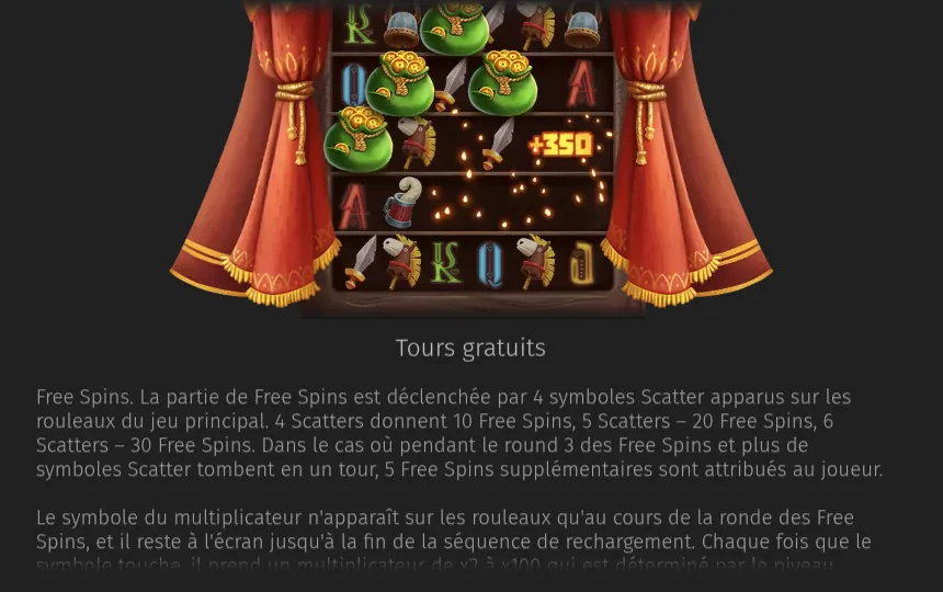 Page de l’aide de Carnival Bonanza : une grille sous un chapiteau rouge avec plusieurs sacs de pièces verts et un gain de +350 affiché, au-dessus du titre Tours gratuits et de leur règle