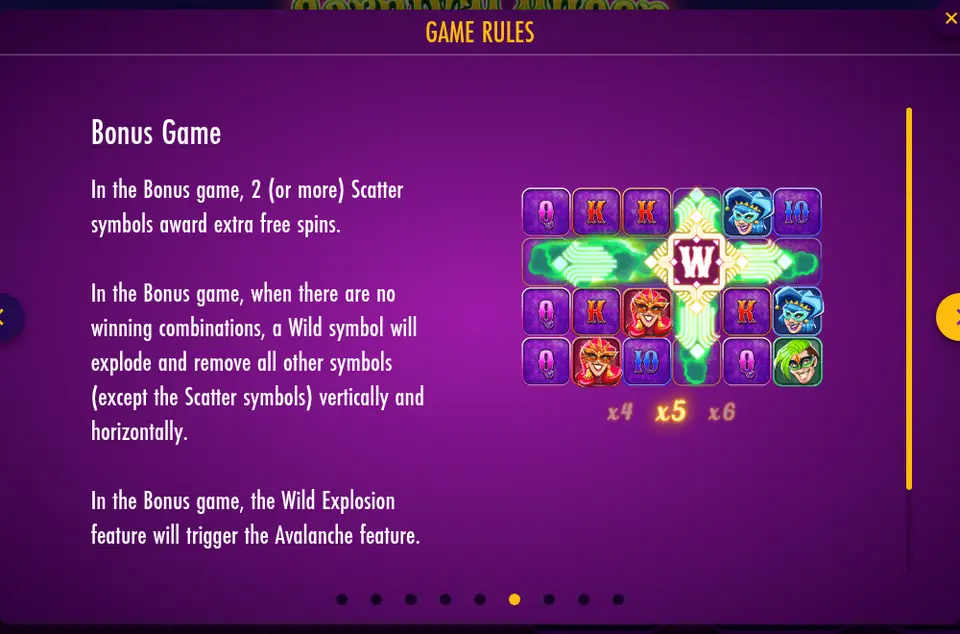 Page Bonus Game de l’aide de Carnival Queen - Reborn : texte en anglais et grille où un W lumineux libère des traînées vertes en croix, au-dessus des multiplicateurs x4, x5 et x6